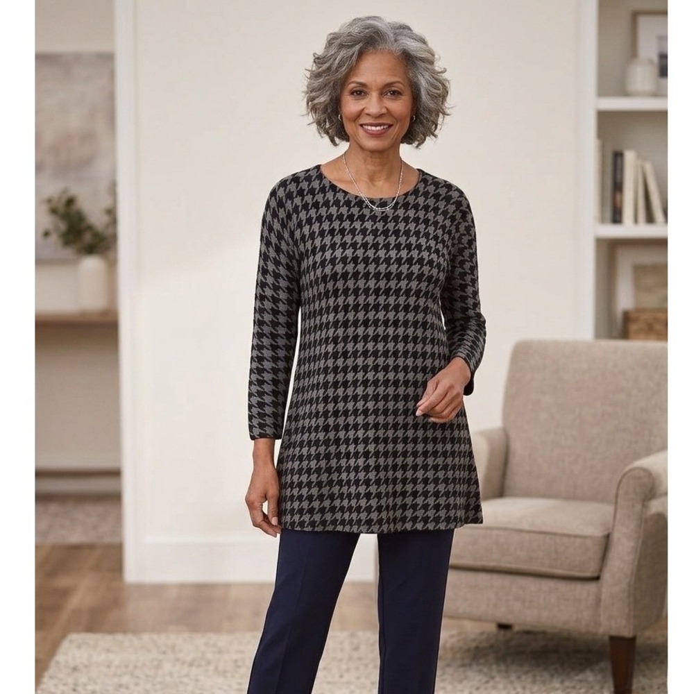 Chicos Houndstooth Knit Tunic Sweater Black Grey 3/4 Sleeve Size 1 Medium‎